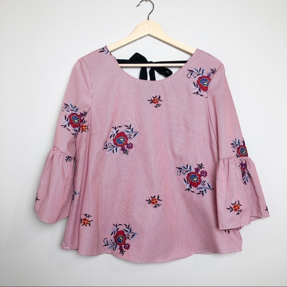 Nine West Red and White PinStripe Bell Sleeve Top | Small - Picture 6 of 14